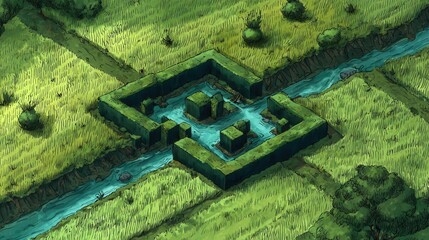 Fototapeta premium A stylized illustration of a complex waterway system crisscrossing a grassy plain.