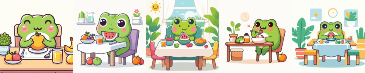 collection of cute frog vectors eating fruit