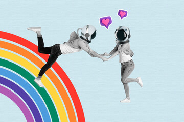 Full image poster banner collage of two anonym girl guy instead head helmet fly rainbow heart icon blogging lgbt symbol love