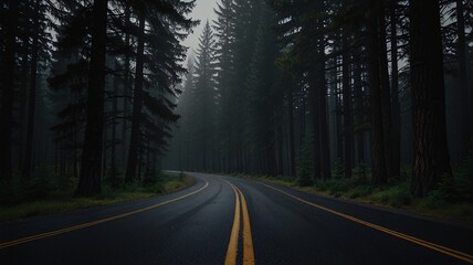 Fototapeta premium Winding Road Through Tall Evergreens in Moody Cinematic Light V5