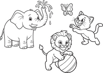cat Kitten Lion Cub Elephant Baby Playing Landscape Printable Coloring Page for Kids Vector Art editable design for t-shirt and multipurpose use in high definition format