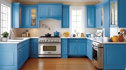 Fototapeta premium A vibrant blue kitchen showcases modern design with bright cabinetry and sleek appliances.