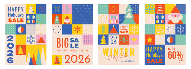 Happy New Year 2026 Sale Posters. Promotion Geometric Designs with Text, simple shapes and icons for Sale Banners, Flyers, advertising. Vertical templates. Vector Illustration.