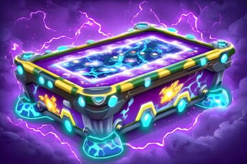 A vibrant glowing futuristic gaming table pulsates with mystical energy amidst purple lightning.