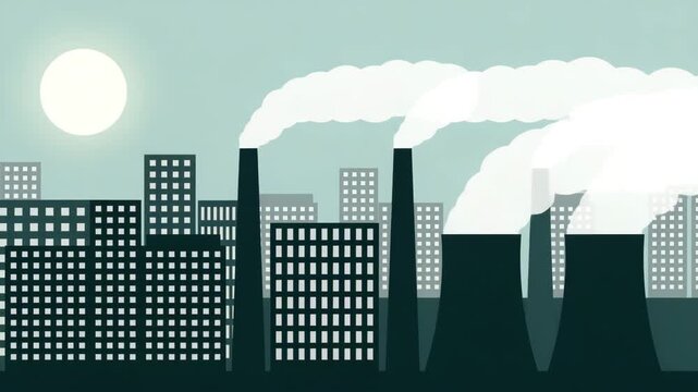 city silhouette with industry air pollution smog and noxious gas emission illustrated animation