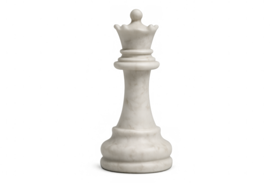 White queen chess piece standing on a transparent background, representing strategy, power, and victory in the game