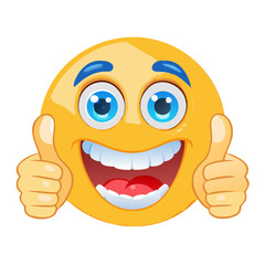 Happy Excited Emoji Face with Double Thumbs Up Sign Showing Full Approval Vector Illustration