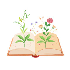 Watercolor Open Book with Flowers and Plants Growing Out of Pages Vector Illustration