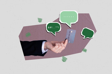 Image trend collage of hand hold object credit card with speech bubble text on grey background