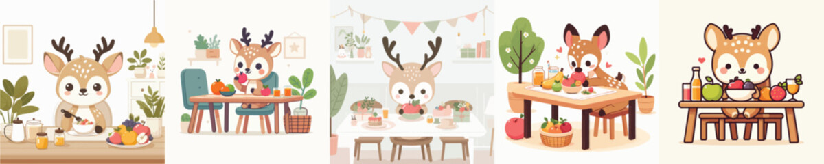 Naklejka premium collection of cute deer vectors eating fruit