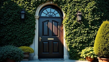 Elegant dark wood front door, ivy-covered walls, sunlight,  design,  autumn