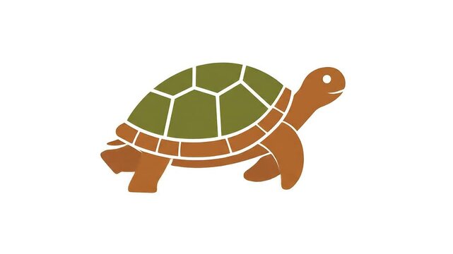 Simple flat design illustration of a walking turtle. A slow reptile icon, tortoise with a green shell isolated on a white background.