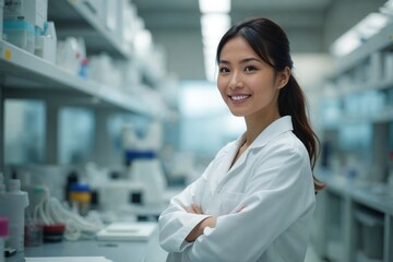 Fototapeta premium Confident Female Asian Scientist in a Modern, Clean Laboratory Surrounded by Advanced Research Equipment