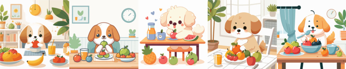 Fototapeta premium vector collection of cute dogs eating fruit