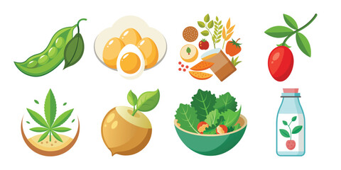 Vibrant Flat-Lay Vector Illustration: Healthy Foods, Vegan & Vegetarian Diet, Organic Produce, Natural Ingredients on white background 