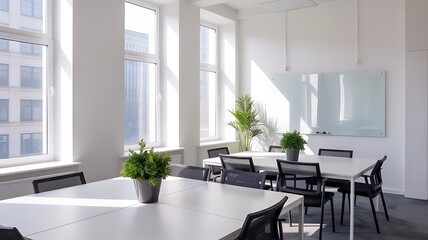 Fototapeta premium Sunlight streams into a modern conference room with white tables, black chairs, and potted plants creating a bright workspace