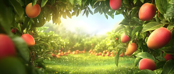 Mango trees heavy with ripe fruit in the tropics