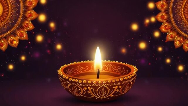 Decorative oil lamp burning bright with floral accents against a dark, festive background