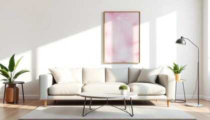 Neutral sofa in sunlit minimalist living room with poster mockup,  mockup,   mock up