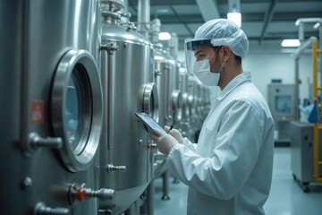 Quality Control Specialist Recording Data in a Pharmaceutical Plant, Safety and Standards in a Sterile Production Environment