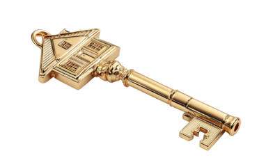 A golden key shaped like a house.  Ornate key,  home,  luxury,  gold,  key,  real estate,  wealth,  property