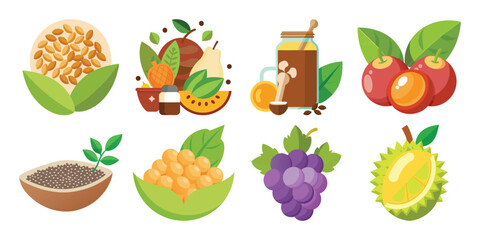 a Vector Vibrant Flat-Lay Illustration: Diverse Superfoods, Healthy Lifestyle, Nutritional Benefits. on white background 