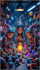 Three Cheerful Elves Working Together