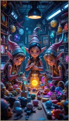Fotobehang Feeën en elfen Three cheerful elves working together in a magical workshop at night  © sujan