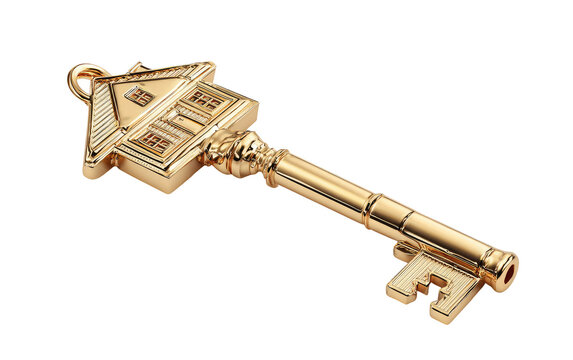 A golden key shaped like a house. Ornate key, home, luxury, gold, key, real estate, wealth, property - Powered by Adobe