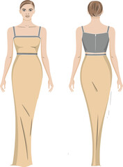 Cad drawing flat vector illustration, elegant evening gown fashion design, front and back views, beige dress, grey accents, apparel template