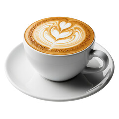 Cappuccino coffee cup with latte art heart design isolated on transparent background