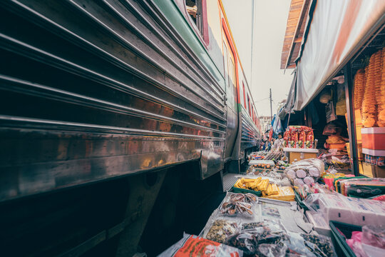 Maeklong Railway Market with Passing Train &mdash; Bangkok, Thailand