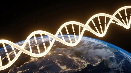 A glowing dna helix spirals above earth, symbolizing genetic research, scientific discovery, and the future of biotechnology