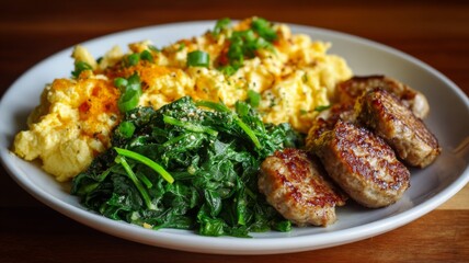 Delicious keto-friendly breakfast plate featuring sausage, scrambled eggs, spinach, and cheese for a healthy start