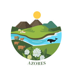 Azores vector with cows, whale, lagoon, flowers and volcano landscape. Perfect for sustainable tourism and nature illustration