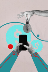 Pop template collage of object having hand use smartphone money sack isolated on grey background...