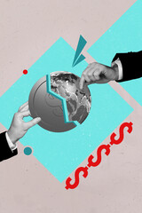 Collage banner of person hand connect earth coin on grey background with shape dollars