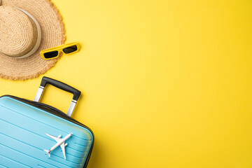 Bright yellow background featuring a straw hat, suitcase, sunglasses, and a toy plane, embodying...