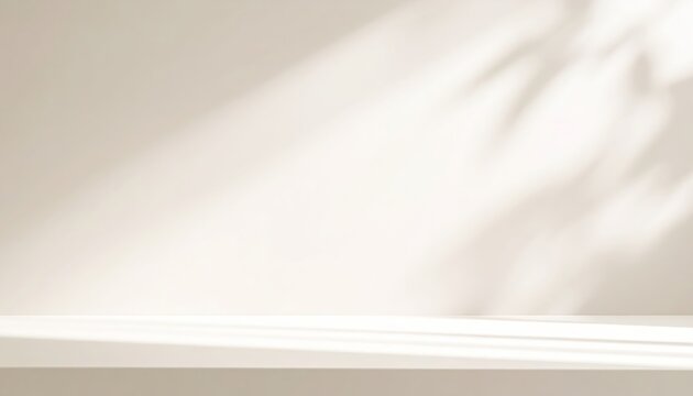 Light beige product display podium with natural sunlight and leaf shadows.