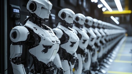 Row of sleek white humanoid robots, dark interiors, industrial feel