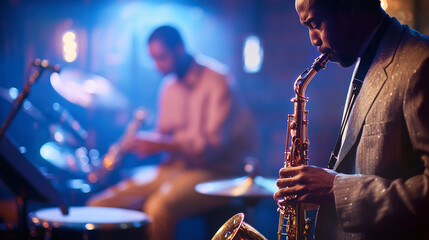 Jazz musicians in a band playing on the stage of a jazz club, hot atmosphere