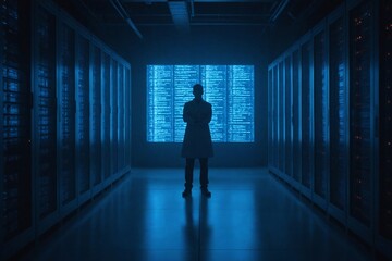 Confident Scientist Standing in the Aisle of a Dark Server Room, Leaning Towards the Camera with an Intense Gaze