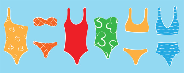 A set of swimsuits of various styles and colors