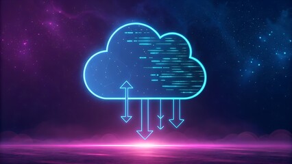 Vibrant Neon Blue Cloud Outline Illustrating Dynamic Digital Data Transfer and Computing