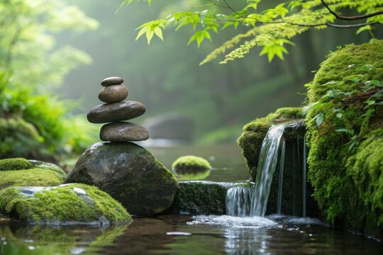 Serene japanese zen garden with balanced stone cairn cascading waterfall lush moss and tranquil water reflections in soft morning light