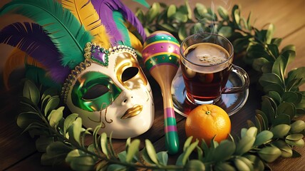 A vibrant mardi gras scene featuring a mask, coffee, maraca, and orange in a festive arrangement
