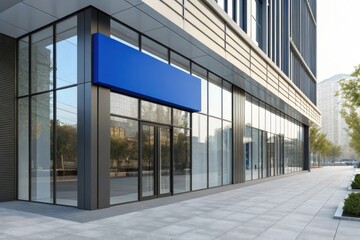 Obraz premium Modern glass facade of a contemporary office building with a blank blue signage panel ready for branding and advertising