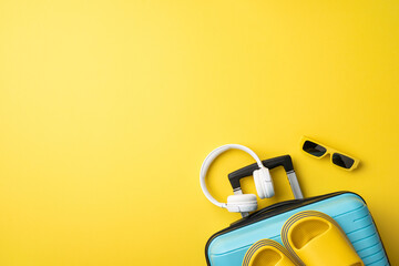 Travel items including a suitcase, headphones, sunglasses, and slippers arranged creatively against...