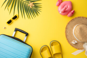 Flat lay composition featuring a suitcase, hat, sunglasses, and swim items on yellow. Vibrant...