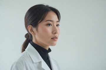 Minimalist Studio Close-Up of a Thoughtful Asian Scientist Contemplating a Complex Problem